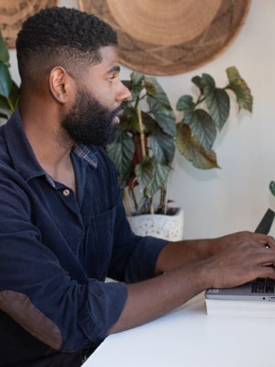 Person sits at desktop computer with houseplants on desk.